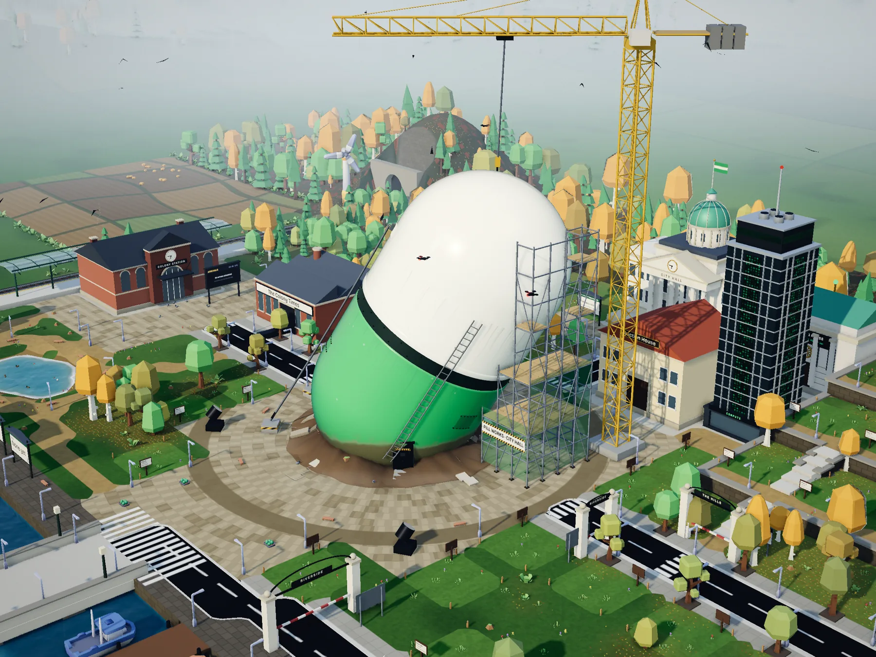 The giant pump.fun pill in the middle of the town, rendered from the 3D town